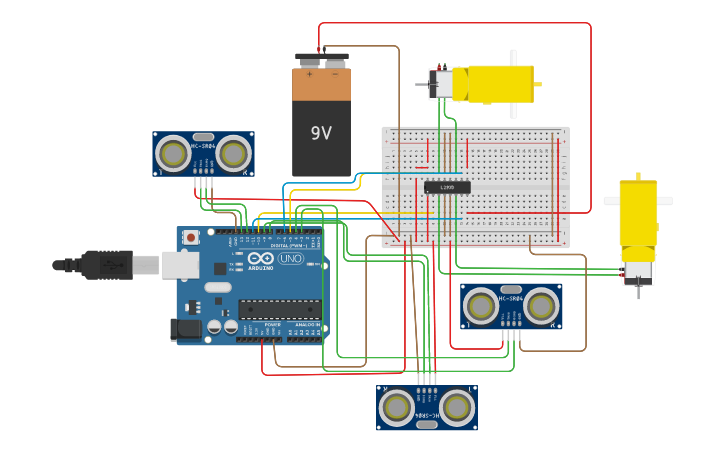 Circuit design Three distance sensors - Tinkercad