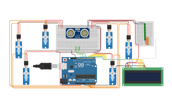 Circuit design Ultrasonic Distance With Servo Motors And LCD - Tinkercad