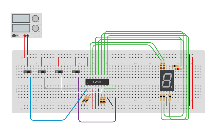 Circuit design 7 segment display with slideswitches - Tinkercad