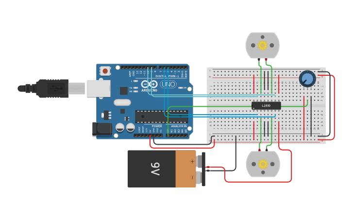 Circuit design Controlling motor using potentiometer and L293D - Tinkercad
