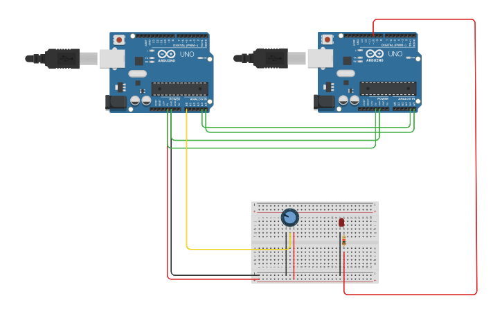 Circuit design Arduino to Arduino connection - Tinkercad