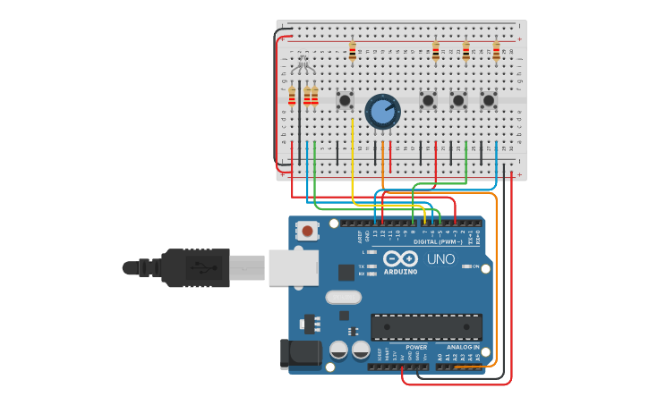 Circuit design Led RGB, pulsadores y potenciometro - Tinkercad