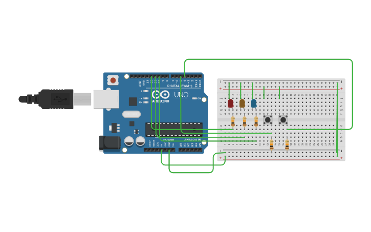 Circuit design EJERCICIO 03 PULSADORES - Tinkercad
