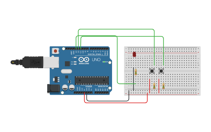Circuit design Arduino - LED on/off 2 buttons - Tinkercad
