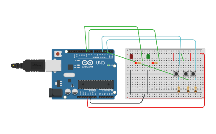 Circuit design Copy of 2 LEDS AND 2 PUSH BUTTONS NJ - Tinkercad