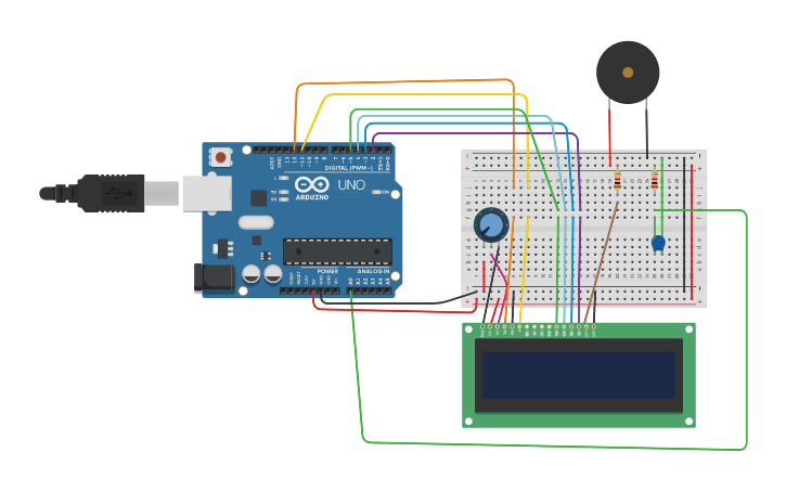 Circuit design Arduino driven buzzer with LCD - Tinkercad