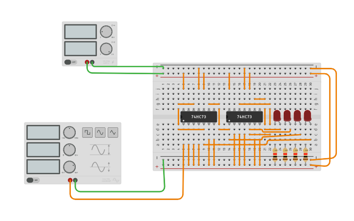 Circuit design 4-bit asynchronous up counter - Tinkercad