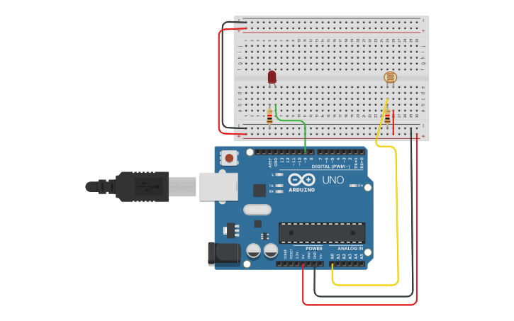 Circuit design Photoresistor LED - Tinkercad