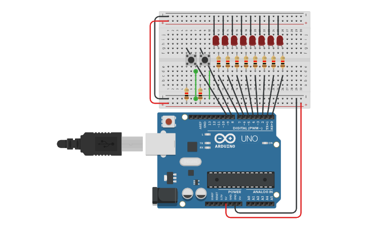 Circuit design Ex3.2 Blinking LEDs with Control - Tinkercad
