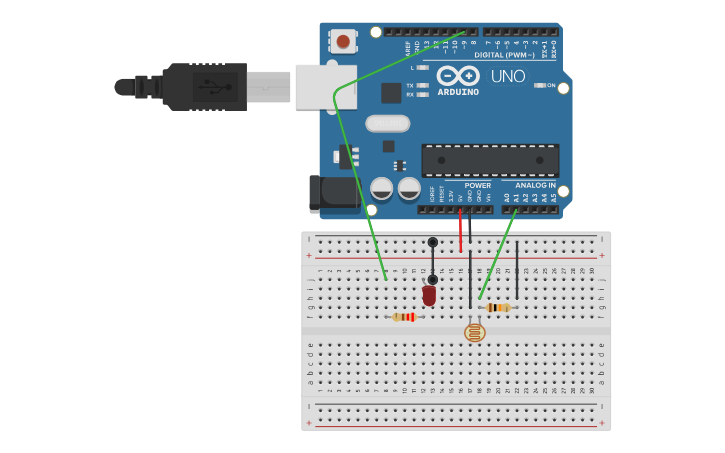 Circuit design Photoresistor Controls LED Brightness - Tinkercad