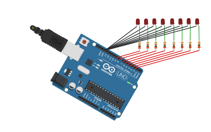 Circuit design Arduino Binary counter 8-bit, 256-outputs - Tinkercad
