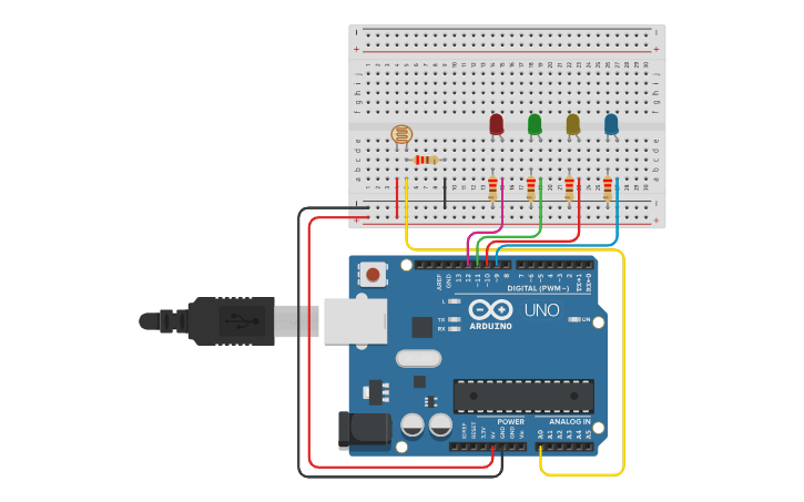 Circuit design LDR Sensor with LED (Light Level Sensor) - Tinkercad