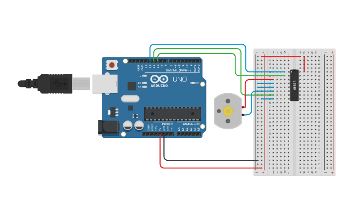 Circuit design Interface DC motor with H bridge - Tinkercad