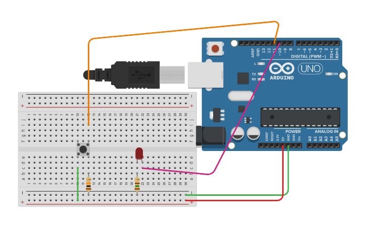 Circuit design LED is On or OFF if Button Pressed - Tinkercad