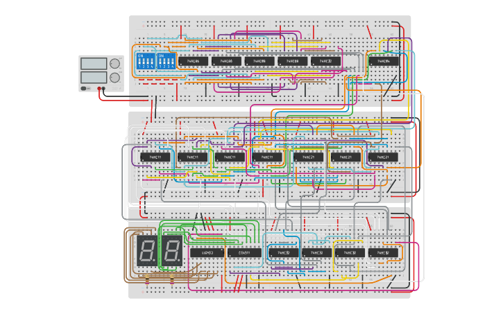 Circuit design 4 Bit Adder to BCD to 7 Segment V2 - Tinkercad