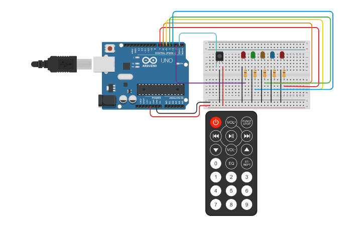 Circuit design 5 LED blinking using IR sensor - Tinkercad