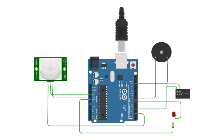 Circuit design Project 5 Relay and Buzzer Security System - Tinkercad