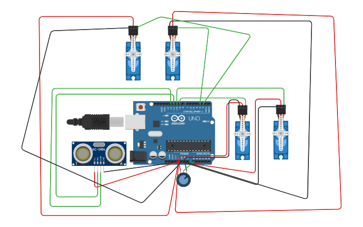 Circuit design 4 servo's - Tinkercad