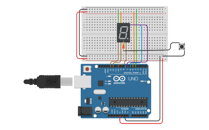 Circuit design Interfacing 7 segment display using push buttons - Tinkercad