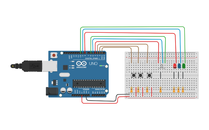 Circuit design LED RGB controlado por PUSH buttons - Tinkercad