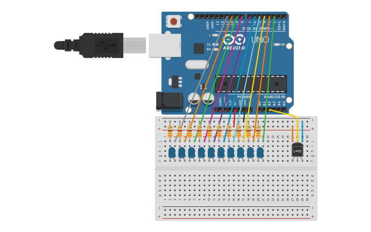 Circuit design LM35 con Leds - Tinkercad