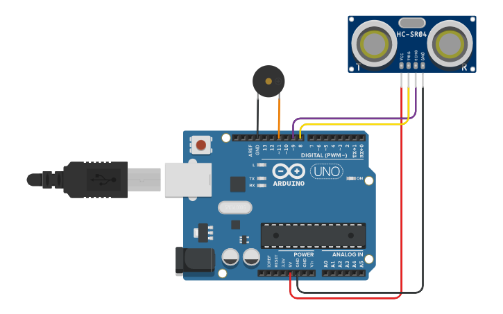 Circuit design Buzzer and Distance sensor - Tinkercad