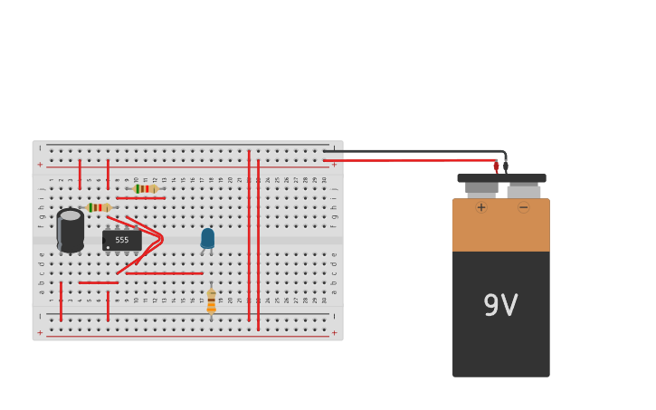 Circuit design blinking led on a breadboard - Tinkercad