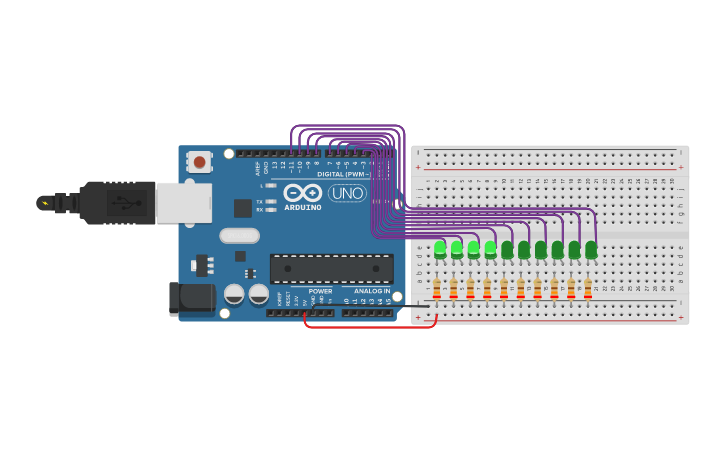 Circuit design Secuencia de encendido y apagado de 10 led con for ...