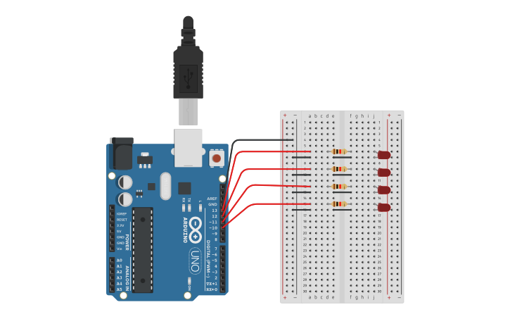 Circuit design Ex 2 : Faire clignoter les 4 leds en même temps - Tinkercad