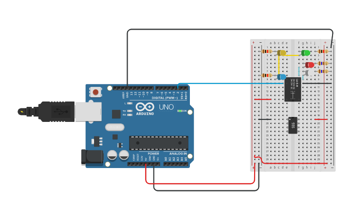 Circuit design 5 LED control with relay and arduino - Tinkercad