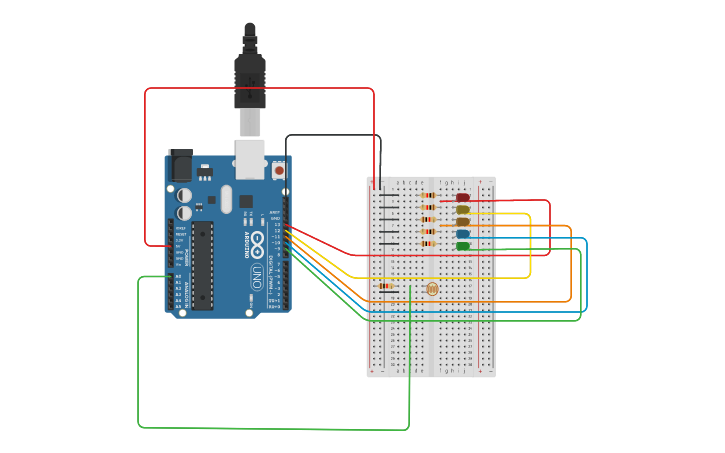 Circuit design GUIA 4 ENCENDIDO DE LEDS CON FOTORESISTENCIA - Tinkercad