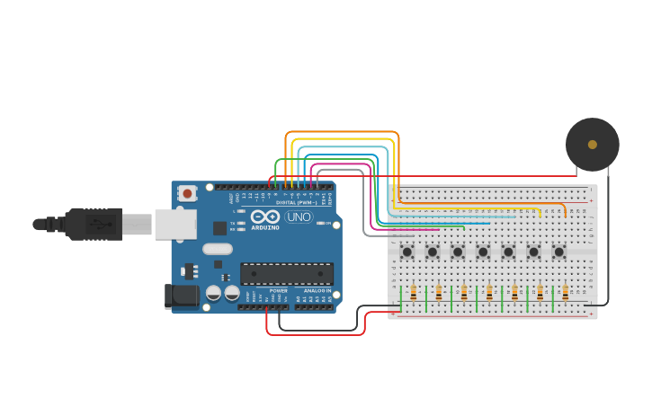 Arduino Project Keyboard Circuit design Arduino project- 7 Notes keyboard - Tinkercad