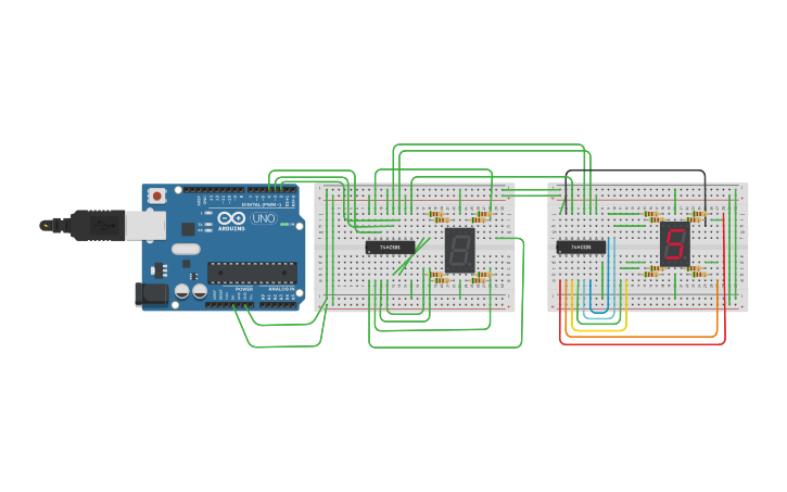 kynkyn☆ 2 x 7-segment displays with the 74HC595 shift registers - Tinkercad