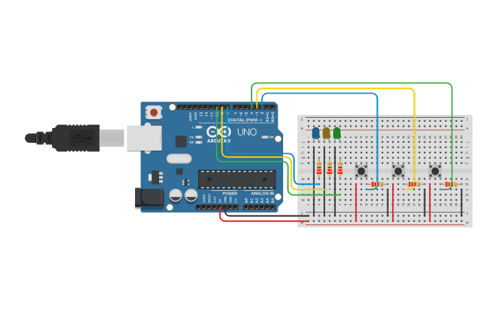 Circuit design Arduino 3 buttons and lights - Tinkercad