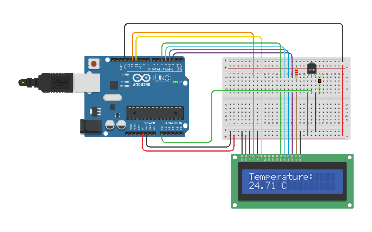 Circuit design Sensor de Temperatura y LCD - Tinkercad