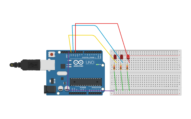 Circuit design 3 leds - Tinkercad