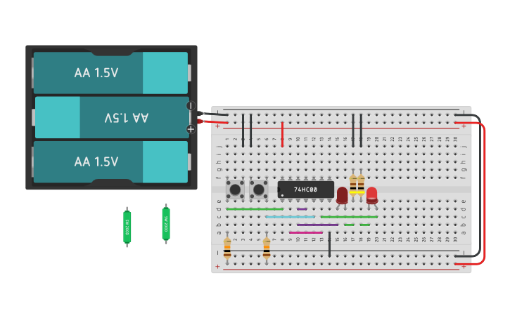 Circuit design RS-Trigger NAND 74HC00 - Tinkercad