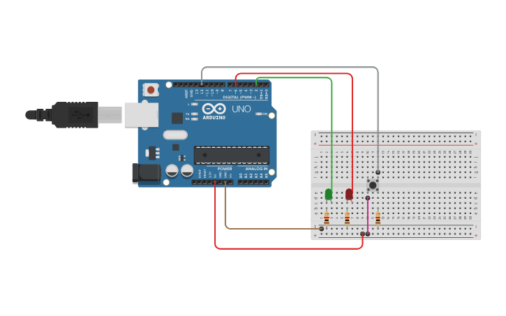 Circuit design Circuito #10 - Pulsador y dos LED - Tinkercad