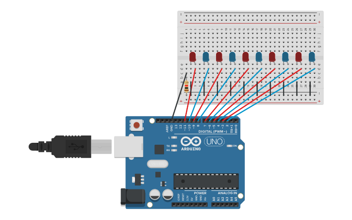 Circuit design 10 LEDs with Arduino UNO - Tinkercad