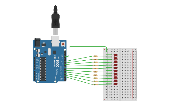 Circuit design 10 LED Blinking Array - Tinkercad