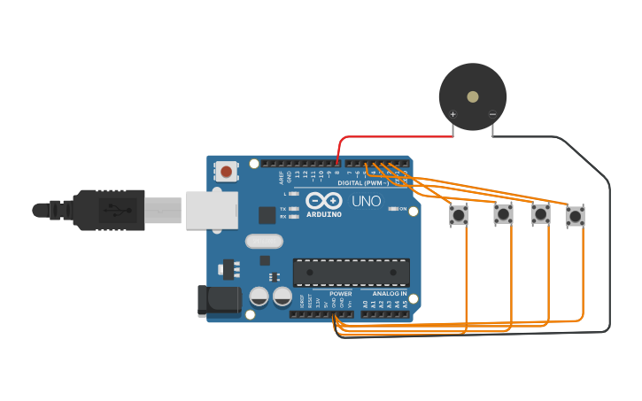 Circuit design 4-key musical instrument - Tinkercad