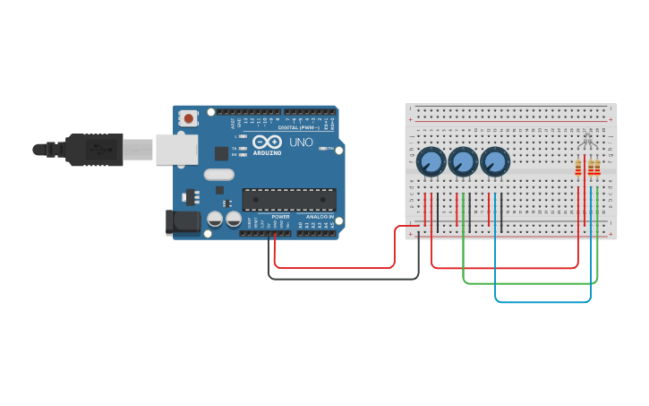 Circuit design POTENTIOMETER WITH RGB - Tinkercad