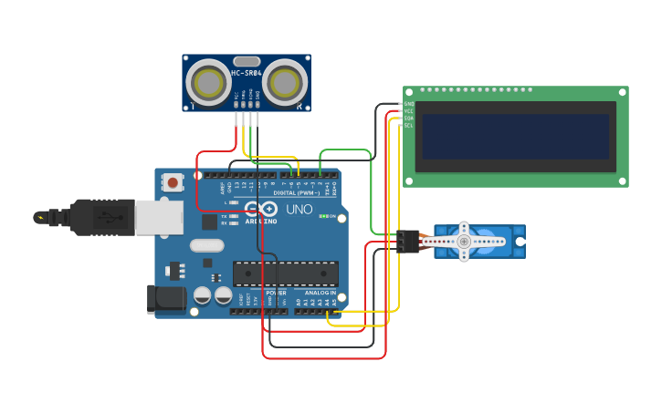 Circuit design Servo motor and ultrasonic sensor with LCD - Tinkercad