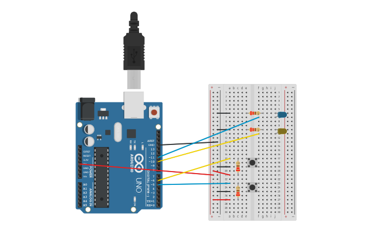 Circuit design dos pulsadores y dos leds - Tinkercad