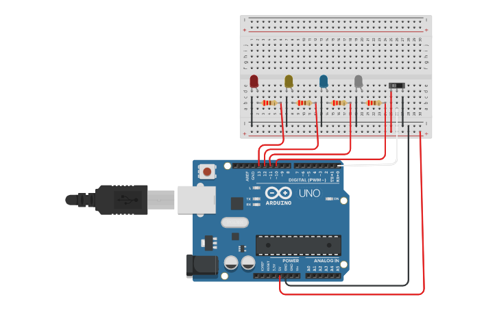 Circuit design Switch and 4 leds - Tinkercad