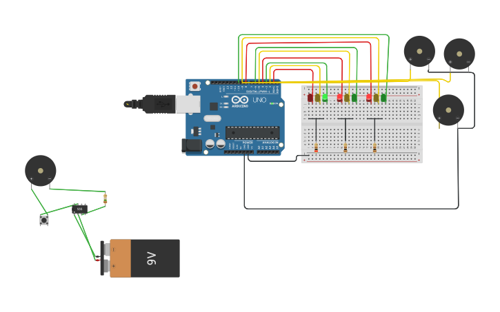Circuit design 3 way traffic light with buzzer - Tinkercad