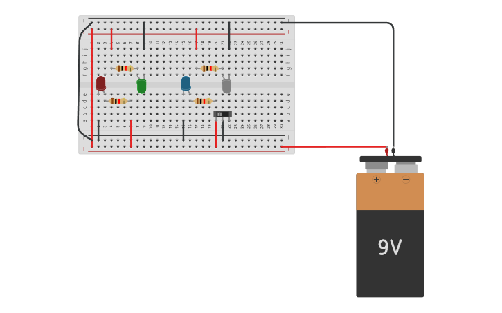 Circuit design 4 leds with a switch - Tinkercad