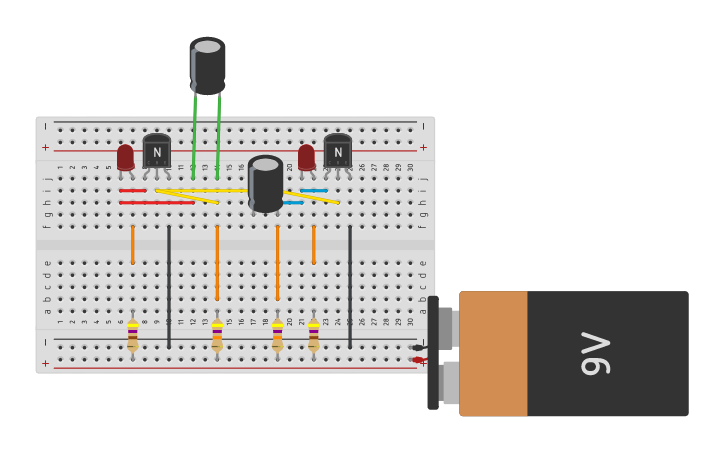 Circuit design Flashing LED using Transistor - Tinkercad