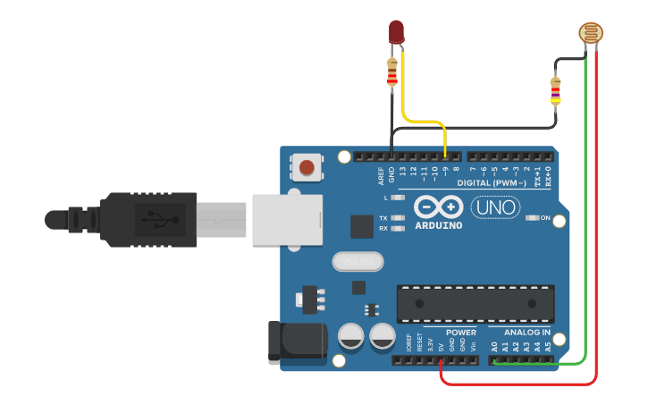 Circuit design LED and photoresistor - Tinkercad