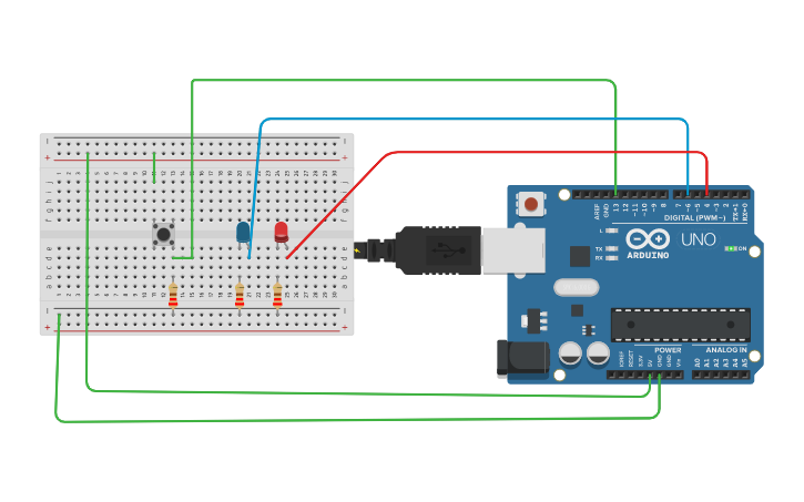 Circuit design DOS LED CON PULSADOR - Tinkercad